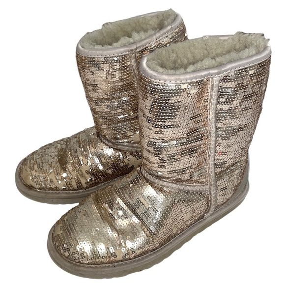 UGG Classic Short Boots Metallic Sequin Sparkley Gold Silver 5 - Picture 1 of 8